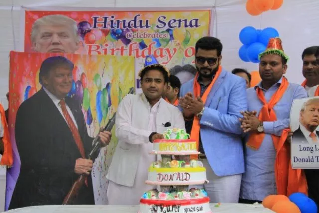 activists of right wing hindu extremist organisation hindu sena cut a three tier cake to celebrate us republican presidential nominee donald trump 039 s birthday in new delhi on june 14 2016 photo twitter activists of right wing hindu extremist organisation hindu sena cut a three tier cake to celebrate us republican presidential nominee donald trump 039 s birthday in new delhi on june 14 2016 photo twitter
