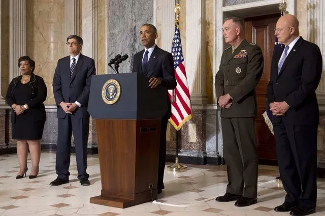 us president barack obama speaks alongside attorney general loretta lynch l treasury secretary jacob lew 2nd l general james dunford 2nd r chairman of the joint chiefs of staff and james clapper r director of national intelligence following a national security council meeting on the islamic state at the department of treasury in washington dc june 14 2016 photo afp us president barack obama speaks alongside attorney general loretta lynch l treasury secretary jacob lew 2nd l general james dunford 2nd r chairman of the joint chiefs of staff and james clapper r director of national intelligence following a national security council meeting on the islamic state at the department of treasury in washington dc june 14 2016 photo afp