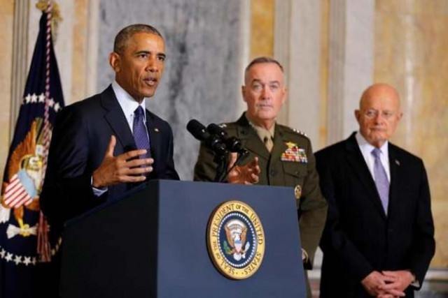 u s president barack obama delivers a statement accompanied by director of national intelligence james clapper r and chairman of the joint chiefs of staff general joseph dunford after a meeting with obama 039 s national security team at the treasury department in washington reuters u s president barack obama delivers a statement accompanied by director of national intelligence james clapper r and chairman of the joint chiefs of staff general joseph dunford after a meeting with obama 039 s national security team at the treasury department in washington reuters