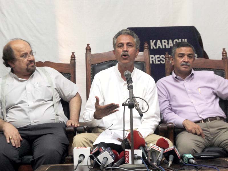 mqm s mayor nominee wasim akhtar centre sits alongside pti s firdous shamim naqvi left and mqm s arshad vohra right at kpc photo athar khan express