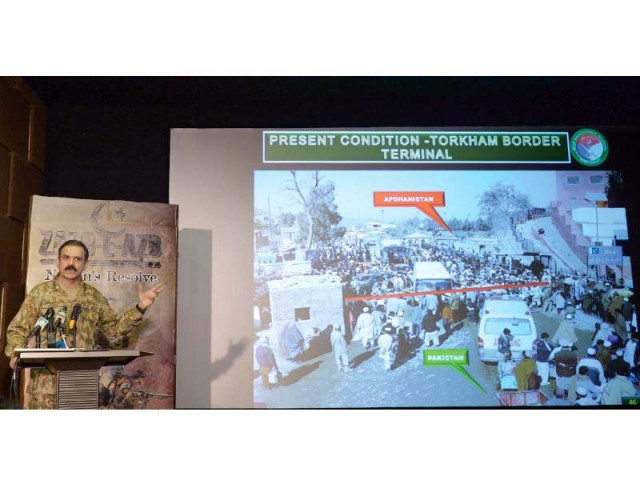 lt gen bajwa shows a slide with details of the torkham border gate during a news briefing on wednesday photo afp lt gen bajwa shows a slide with details of the torkham border gate during a news briefing on wednesday photo afp