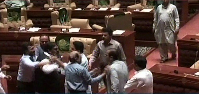 express news screen grab of mqm and ppp members engage in a fight during a session in sindh assembly on june 16 2016