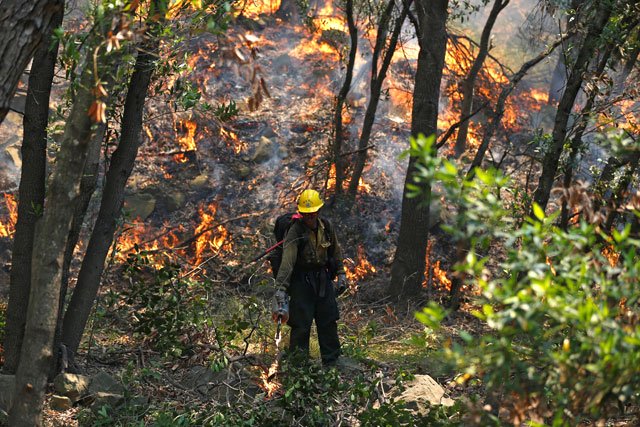 a hotshots member from the u s forest department sets a back fire while battling the the so called quot sherpa fire quot which has grown to over 1100 acres overnight in the hills near goleta california u s june 16 2016 photo reuters