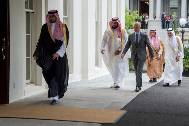deputy crown prince and minister of defense mohammed bin salman of saudi arabia 2nd l and saudi arabian foreign minister adel al jubeir r arrive at the white house in washington dc june 17 2016 photo afp