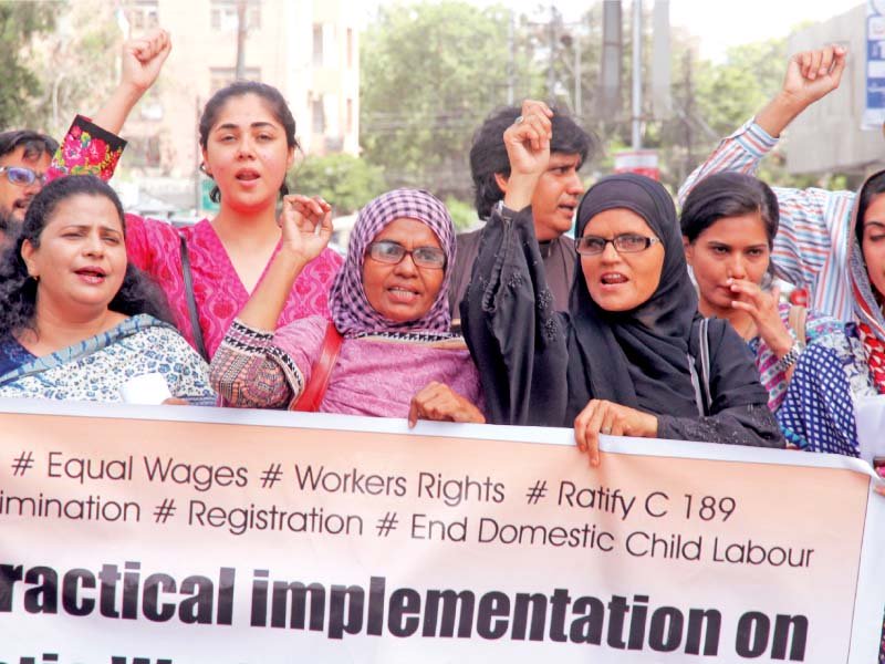demonstrators gathered to protest lack of rights for domestic workers photo athar khan express