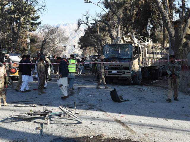 soldiers examine the site of a bomb explosion that targeted a security convoy in quetta on february 6 2016 photo afp