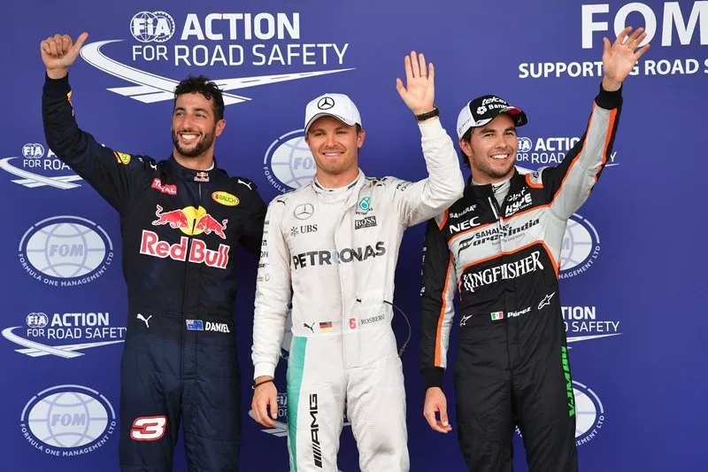 pole position winner nico rosberg c celebrates next to second placed sergio perez r and third placed daniel ricciardo after the qualifying session of the european formula one grand prix at the baku city circuit on june 18 2016 in baku photo afp pole position winner nico rosberg c celebrates next to second placed sergio perez r and third placed daniel ricciardo after the qualifying session of the european formula one grand prix at the baku city circuit on june 18 2016 in baku photo afp