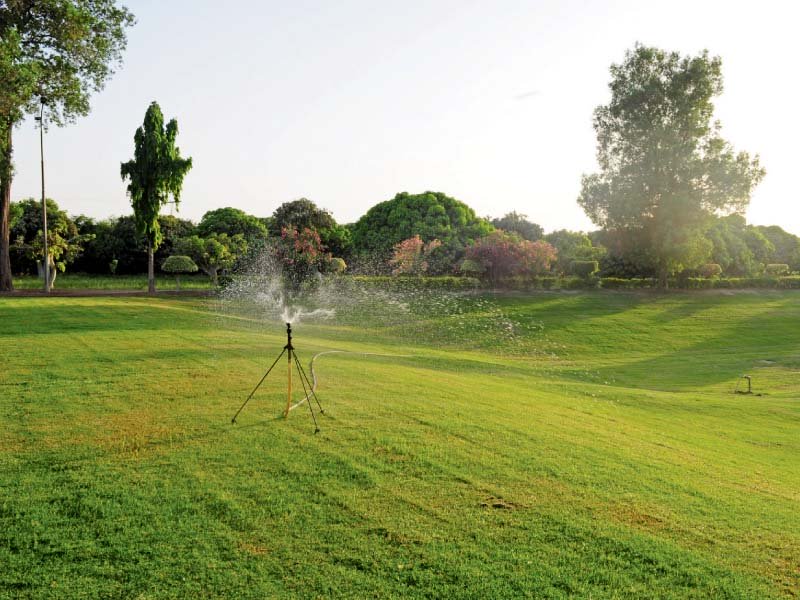 the gardens around asim farms have sprinklers installed to water the grass at regular intervals photos express