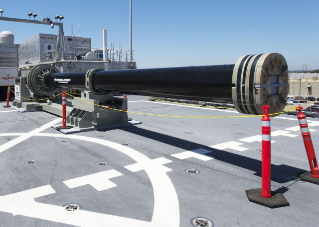 one of two electromagnetic railgun prototypes on display aboard joint high speed vessel uss millinocket jhsv 3 in port at naval base san diego on july 8 2014 us navy photo one of two electromagnetic railgun prototypes on display aboard joint high speed vessel uss millinocket jhsv 3 in port at naval base san diego on july 8 2014 us navy photo