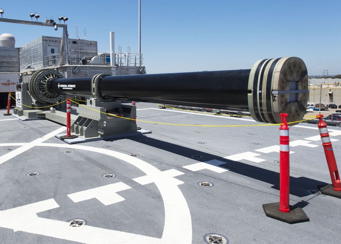 one of two electromagnetic railgun prototypes on display aboard joint high speed vessel uss millinocket jhsv 3 in port at naval base san diego on july 8 2014 us navy photo