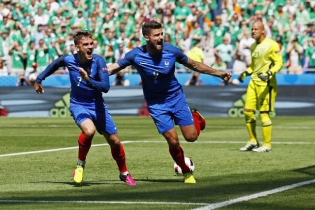 antoine griezmann celebrates with olivier giroud after scoring france s equalising goal photo reuters antoine griezmann celebrates with olivier giroud after scoring france s equalising goal photo reuters