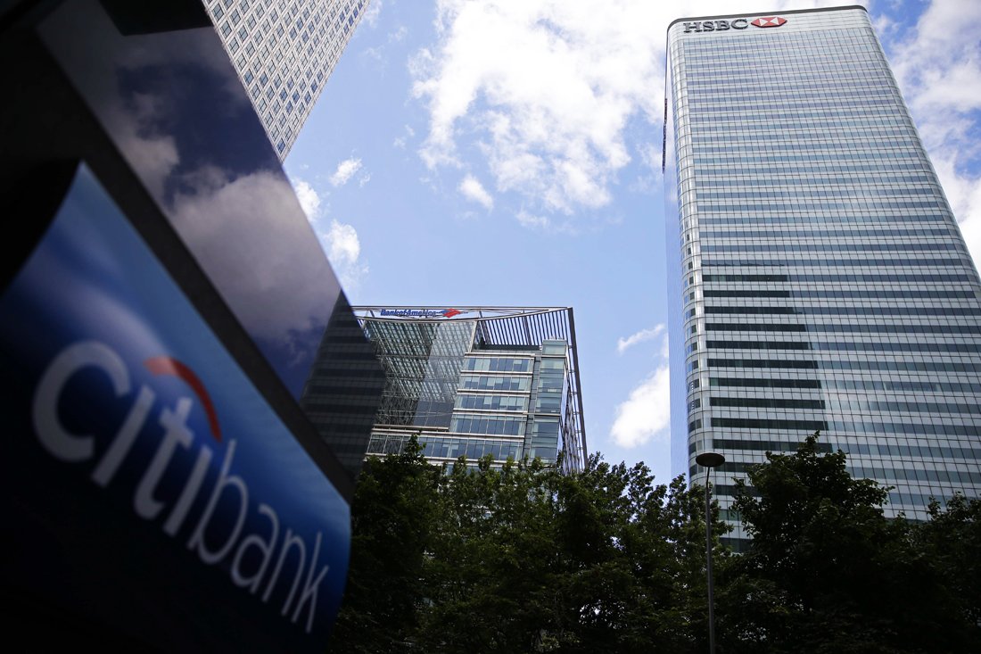 the offices of citibank bank of america and hsbc are pictured in the canary wharf financial district of east london on june 26 2016 photo afp