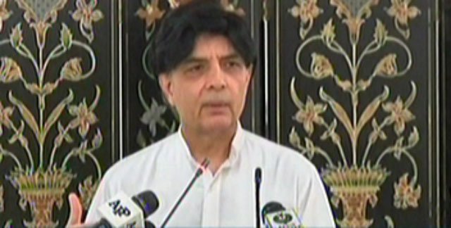 federal interior minister chaudhry nisar ali khan addressing a press conference in islamabad on june 27 2016 screen grab