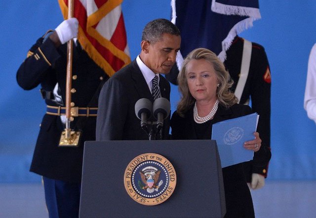 us president barack obama and then secretary of state hillary clinton pictured at andrews air force base in maryland in 2012 photo afp