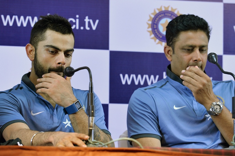 indian test cricket team captain virat kohli and head coach anil kumble r take part in a press conference in bangalore on july 4 2016 photo afp