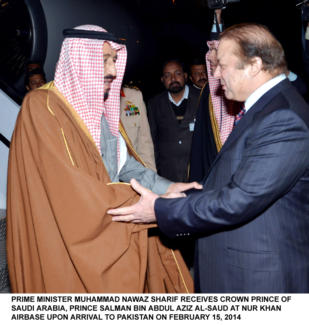 prime minister nawaz sharif welcomes king of saudi arabia salman bin abdul aziz al saud at the nur khan airbase in islamabad photo pid