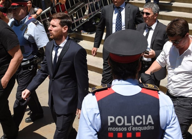 this file photo taken on june 02 2016 shows barcelona 039 s football star lionel messi l leaving the courthouse on june 2 2016 in barcelona a court in spain on july 7 2016 sentenced barcelona striker lionel messi and his father to 21 months in jail for tax fraud and slapped them with a fine of 3 7 million euros 4 1 million but these prison sentences are likely to be suspended as is common in spain for first offences for non violent crimes carrying a sentence of less than two years photo afp
