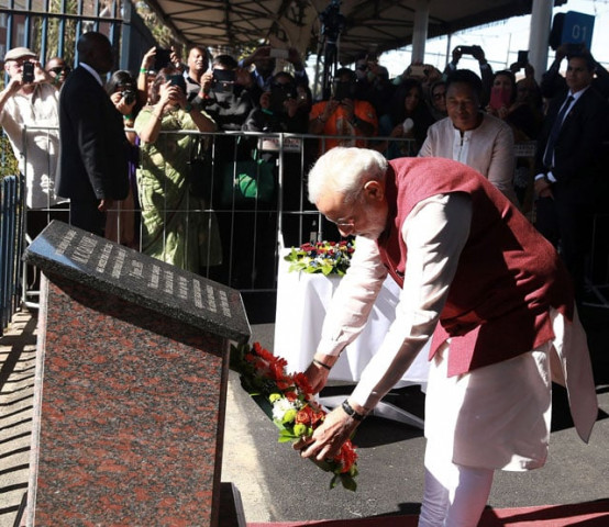 indian prime minister narendra modi lays a wreath at the pietermaritzburg railway station some 90 kilometres north of durban on july 9 2016 photo afp indian prime minister narendra modi lays a wreath at the pietermaritzburg railway station some 90 kilometres north of durban on july 9 2016 photo afp