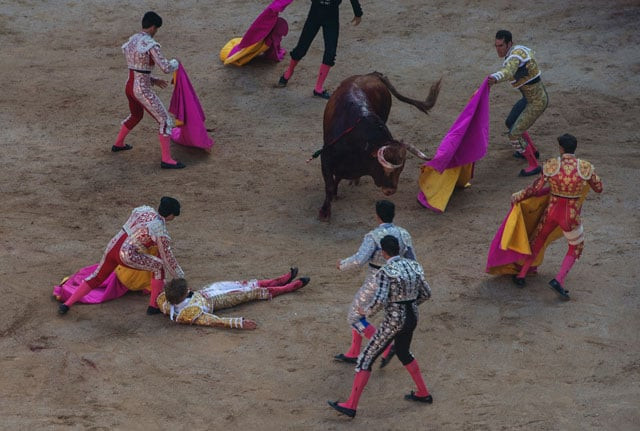 spanish matador javier fernandez lies on the ground after being hurled by a bull during the second bullfight of the san fermin festival at the pamplona bullring on july 8 2016 photo afp
