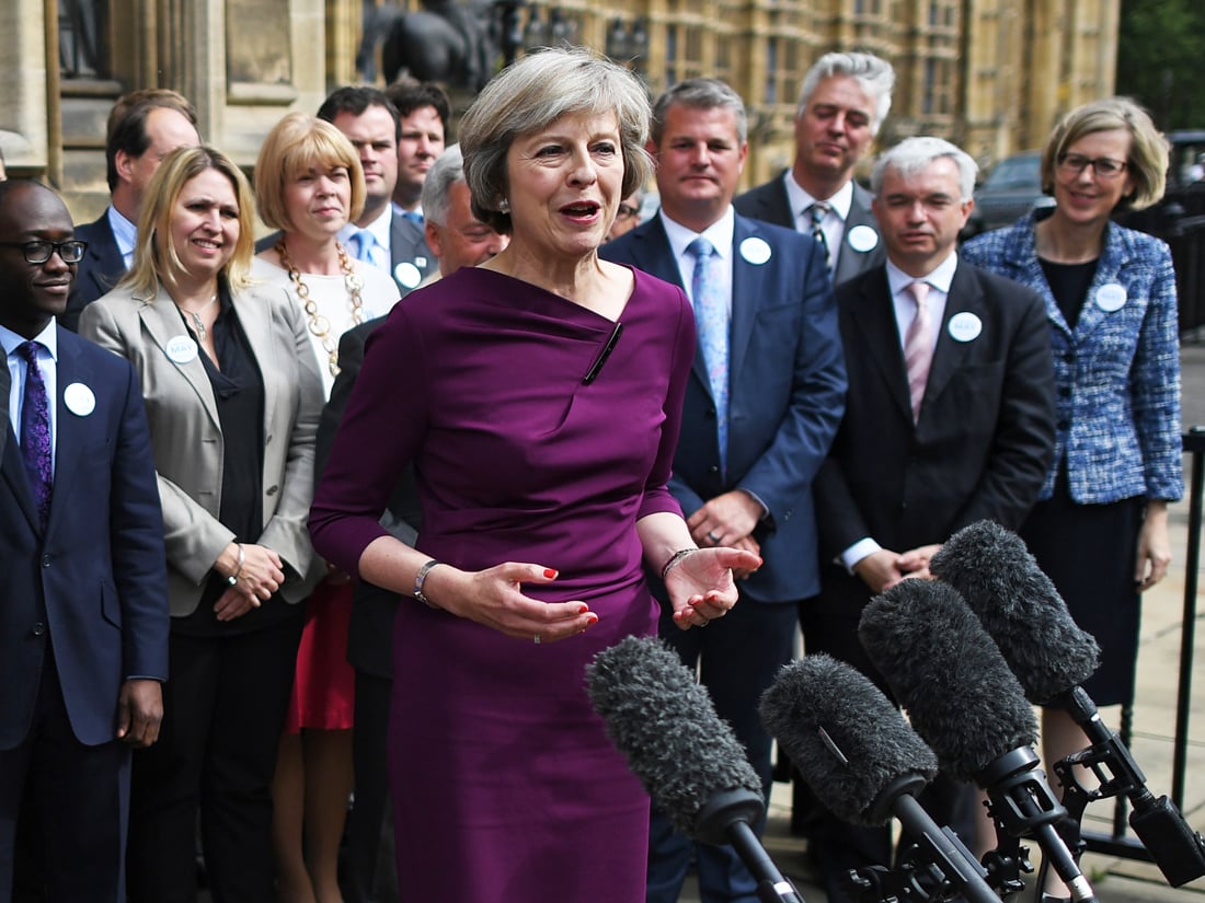 british conservative party leadership candidate theresa may speaking to members of the media at the st stephen 039 s entrance to the palace of westminster in london on july 7 2016 photo afp