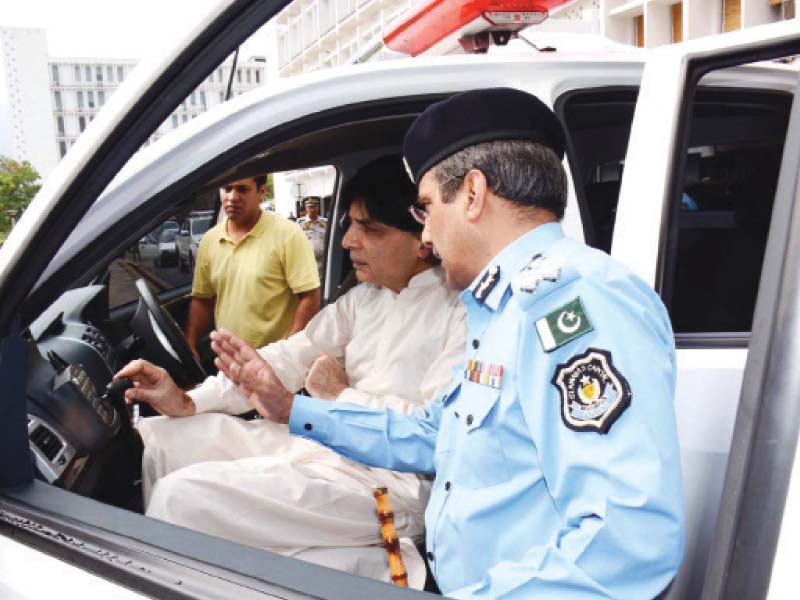 interior minister inspects the smart police car equipped with the latest surveillance system linked with the safe city project it has been designed and developed by the ict police in collaboration with huawei to increase the outreach of the project photo express