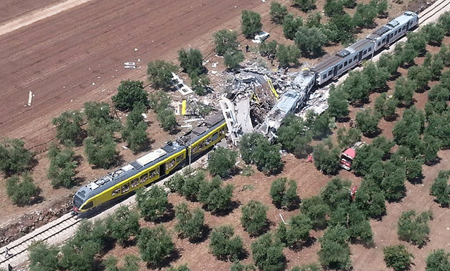 the crash happened on a single track between ruvo and corato in the southern italian region of puglia photo afp the crash happened on a single track between ruvo and corato in the southern italian region of puglia photo afp