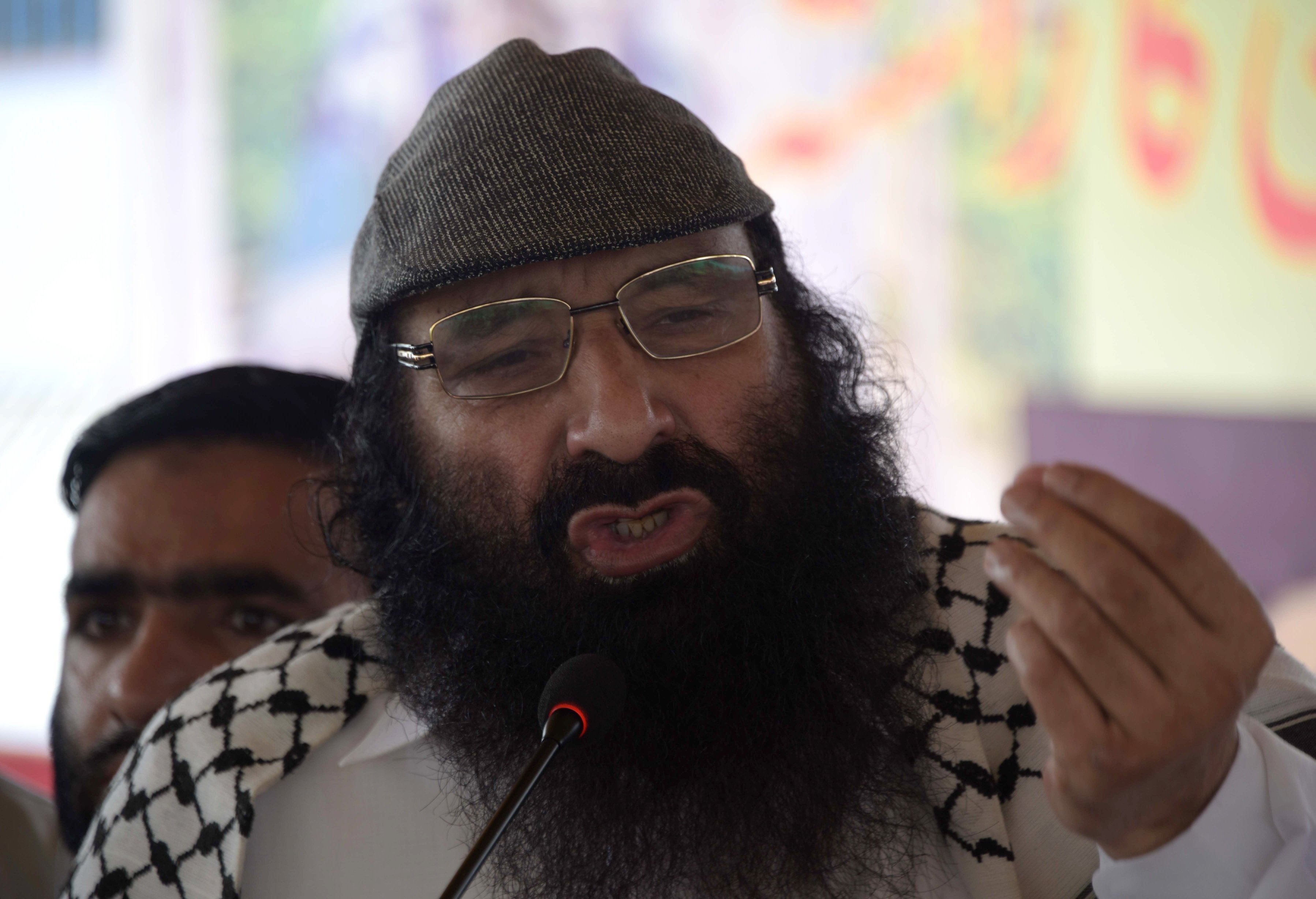 chief of hizbul mujahideen hm sayed salahuddin addresses a protest rally against the killings in india administered kashmir in muzaffarabad the capital of pakistan administered kashmir on july 13 2016 photo afp