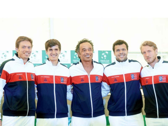 france team members l r nicolas mahut pierre hugues herbert captain yannick noah jo wilfried tsonga and lucas pouille pose for photographers after the international tennis federation davis cup quarter final draw ceremony photo afp france team members l r nicolas mahut pierre hugues herbert captain yannick noah jo wilfried tsonga and lucas pouille pose for photographers after the international tennis federation davis cup quarter final draw ceremony photo afp