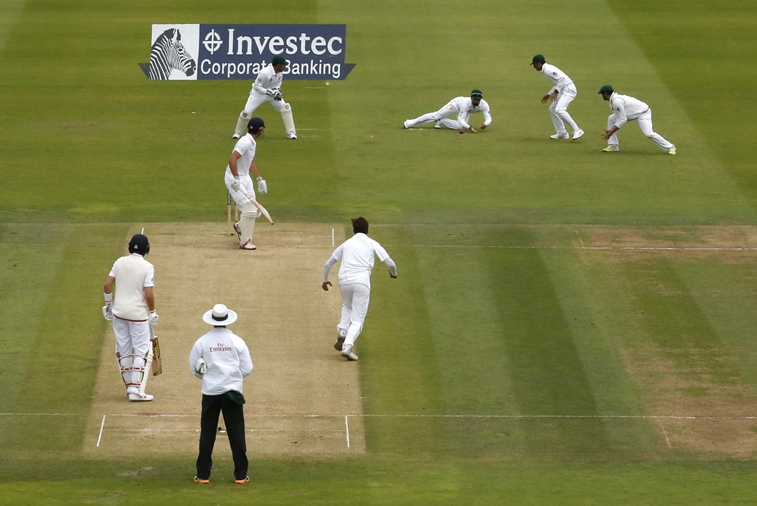 england 039 s alastair cook is dropped off the bowling of pakistan 039 s mohammad amir in first test at lord 039 s on july 15 2016 photo reuters