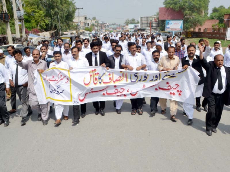 members of the sargodha bar association held a demonstration on wednesday to protest against the lahore high court s decision to turn down the request for high court benches in five divisions of the province photo shahid bukhari express