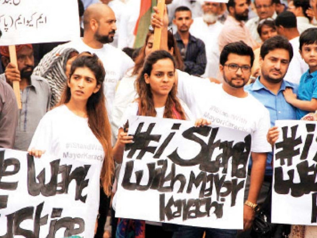mqm workers and family members came out on friday to raise their voice for their leaders who were arrested in a terror faciliatation case photo online