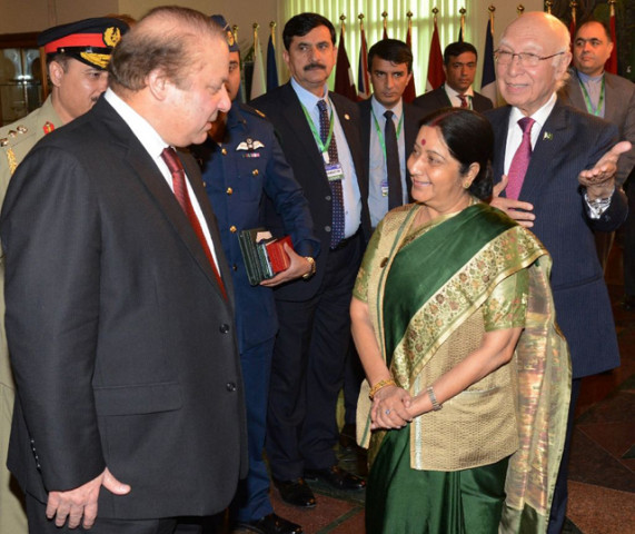 prime minister nawaz sharif l speaks with indian foreign minister sushma swaraj during the first day of the heart of asia conference in islamabad on december 9 2015 photo afp prime minister nawaz sharif l speaks with indian foreign minister sushma swaraj during the first day of the heart of asia conference in islamabad on december 9 2015 photo afp