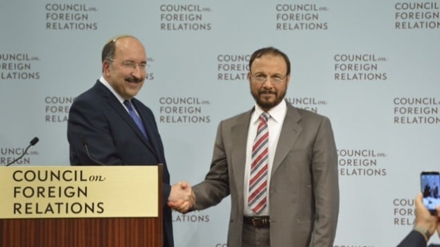 israel s foreign ministry director general dore gold and former saudi general anwar eshki shake hands in washington dc june 4 2015 photo courtesy debby communications group