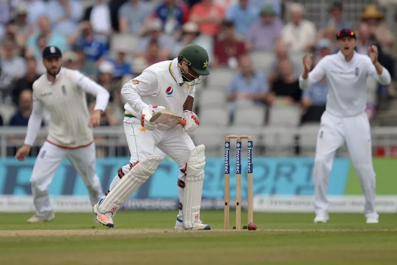 asad shafiq almost plays a shot onto his stumps at old trafford cricket ground in manchester england on july 24 2016 photo afp asad shafiq almost plays a shot onto his stumps at old trafford cricket ground in manchester england on july 24 2016 photo afp