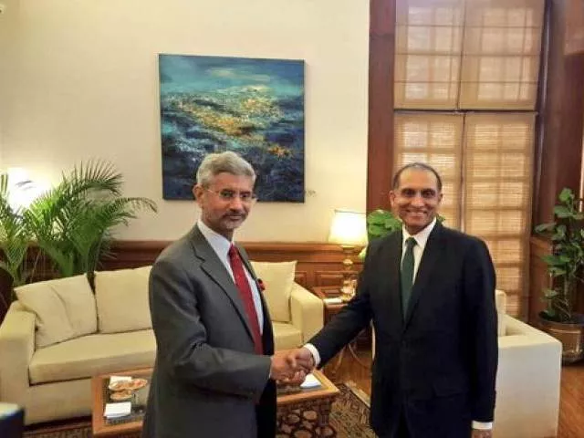 foreign secretary aizaz ahmed chaudhry shakes hands with his indian counterpart subrahmanyam jaishankar on tuesday photo mea india foreign secretary aizaz ahmed chaudhry shakes hands with his indian counterpart subrahmanyam jaishankar on tuesday photo mea india