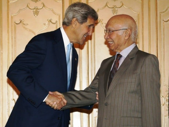 a file photo of us secretary of state john kerry meeting sartaj aziz in islamabad on august 1 2013 photo reuters a file photo of us secretary of state john kerry meeting sartaj aziz in islamabad on august 1 2013 photo reuters