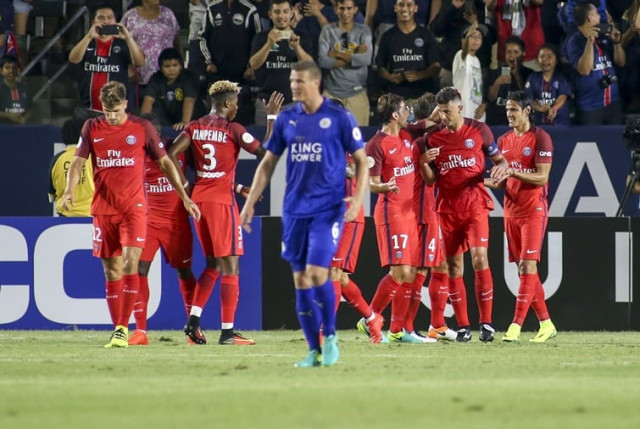 paris saint germain forward edison cavani 2nd r celebrates his goal with his team during their international champions cup icc game against leicester city at stubhub center in carson california on july 30 2016 photo afp paris saint germain forward edison cavani 2nd r celebrates his goal with his team during their international champions cup icc game against leicester city at stubhub center in carson california on july 30 2016 photo afp