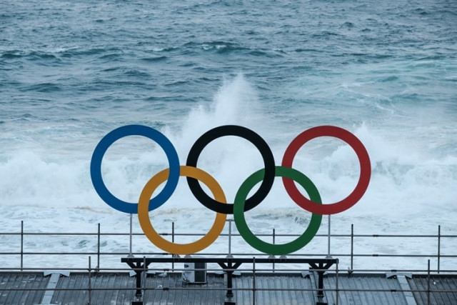 the olympic rings installed at the beach volley arena in copacabana beach in rio de janeiro brazil on july 30 2016 photo afp the olympic rings installed at the beach volley arena in copacabana beach in rio de janeiro brazil on july 30 2016 photo afp