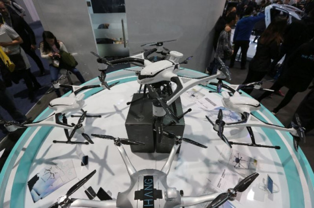 the ehang commercial drones series v 1 and series v 2 top c are displayed at the consumer electronics show in las vegas nevada in january 2016 photo afp the ehang commercial drones series v 1 and series v 2 top c are displayed at the consumer electronics show in las vegas nevada in january 2016 photo afp