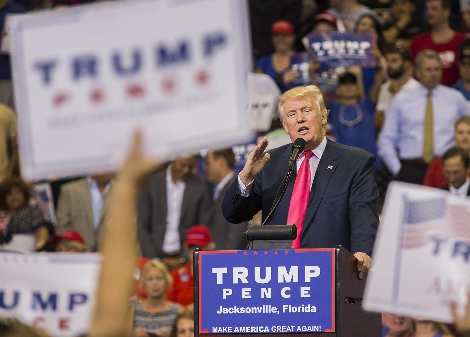 republican presidential nominee donald trump speaks during a rally at the jacksonville veterans memorial arena photo afp