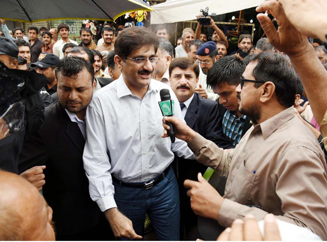 sindh cm murad ali shah speaking to media as he visited the saddar area in karachi after the downpour on august 6 2016 photo ppi