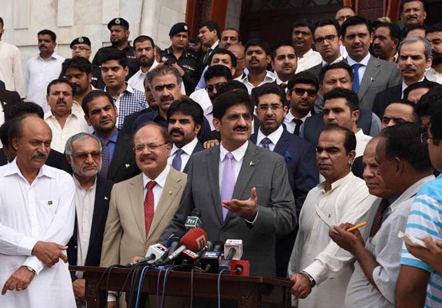 sindh chief minister murad ali shah along with newly inducted members of sindh cabinet talks to media outside quaid e azam muhammad ali jinnah 039 s mausoleum in karachi on sunday august 7 2016 photo nni