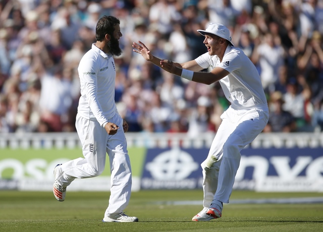 moeen ali celebrates taking the wicket of sohail khan with stuart broad photo reuters