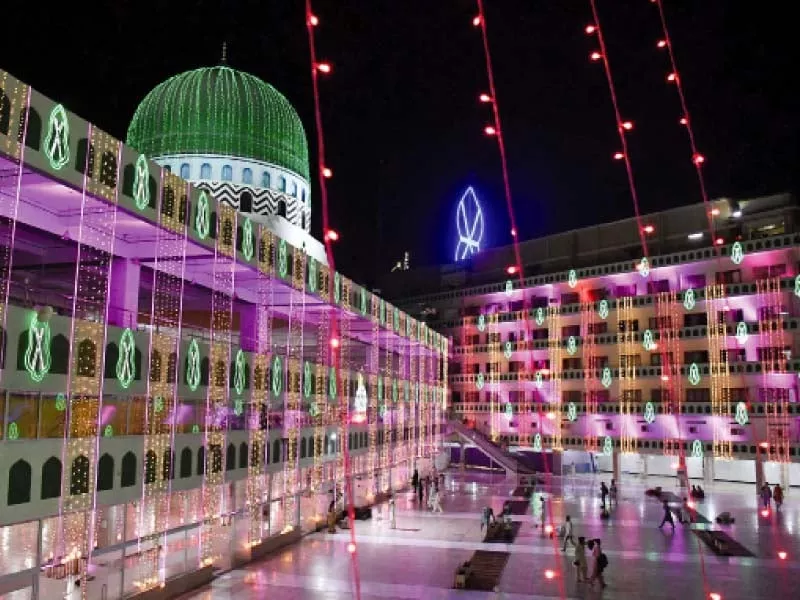 strings of bright lights illuminate a mosque in karachi ahead of eid miladun nabi photo online strings of bright lights illuminate a mosque in karachi ahead of eid miladun nabi photo online
