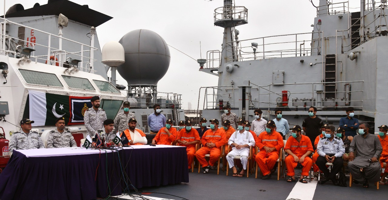 crew of drowned vessel mv suvari h rescued by pakistan navy and pmsa upon arrival at karachi photo courtesy pakistan navy