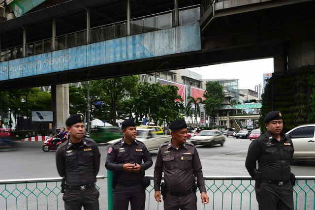 thai police stand guard near the erawan shrine the site of a bombing in august 2015 that left 20 dead and scores injured in the centre of bangkok on august 13 2016 as authorities increase security following a new string of bomb attacks in thailand photo afp thai police stand guard near the erawan shrine the site of a bombing in august 2015 that left 20 dead and scores injured in the centre of bangkok on august 13 2016 as authorities increase security following a new string of bomb attacks in thailand photo afp