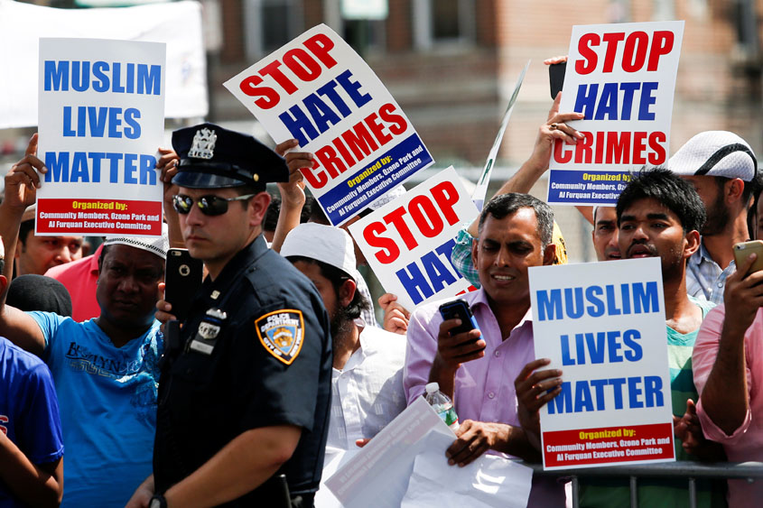 community members take part in a protest to demand stop hate crime during the funeral service of imam maulama akonjee and thara uddin in the queens borough of new york city august 15 2016 photo reuters