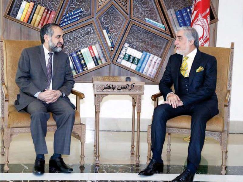 pakistan s ambassador to afghanistan abrar hussain is seen with afghanistan s chief executive dr abdullah abdullah photo afghan ceo office