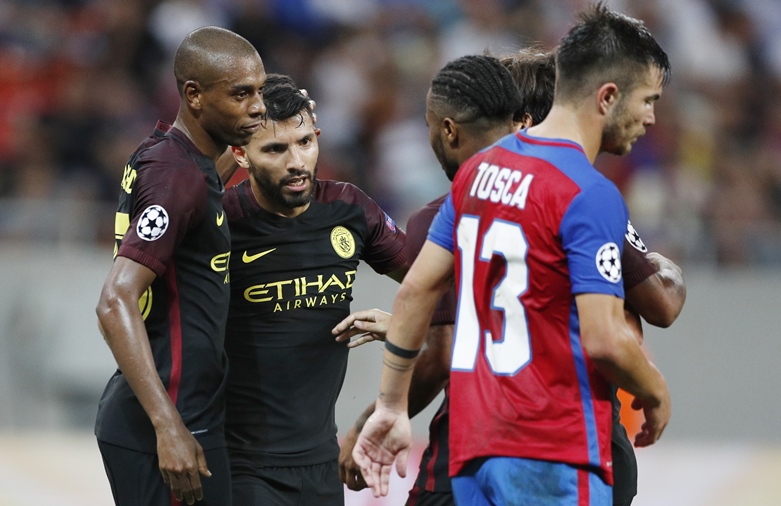 manchester city 039 s sergio aguero celebrates scoring their fifth goal to complete his hat trick against steaua bucharest in uefa champions league qualifying play off first leg at national arena bucharest romania on august 16 2016 photo reuters