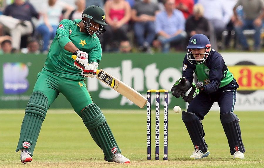 pakistan 039 s sharjeel khan l plays a shot on the way to scoring a century 100 runs during the first one day international odi cricket match between ireland and pakistan at the malahide stadium in dublin on august 18 2016 photo afp